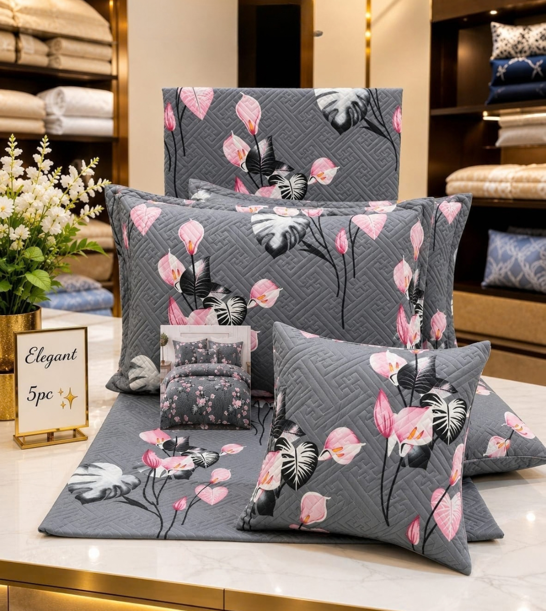 Luxury Grey Floral Quilted 5-Piece Glace Cotton Queen Size Bedsheet Set with Cushions