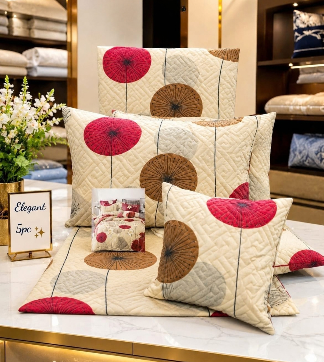 Luxury Geometric Printed 5-Piece Quilted Glace Cotton Queen Size Bedsheet Set with Cushions