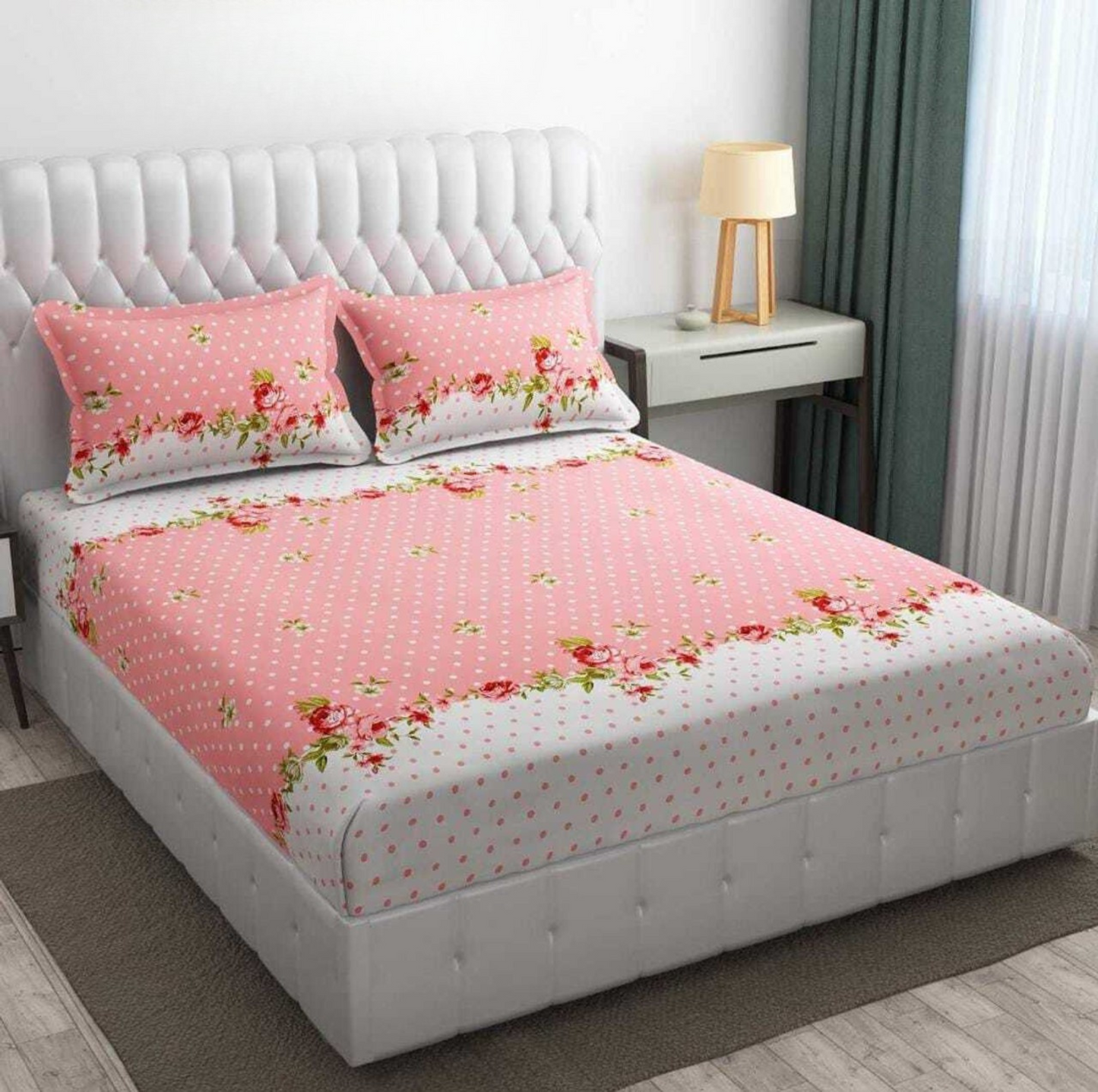 Kashyapa Rugs Cotton King Printed Fitted (Elastic) Bedsheet (Pack of 1 Bedsheet + 2 Pillow Covers, White check)