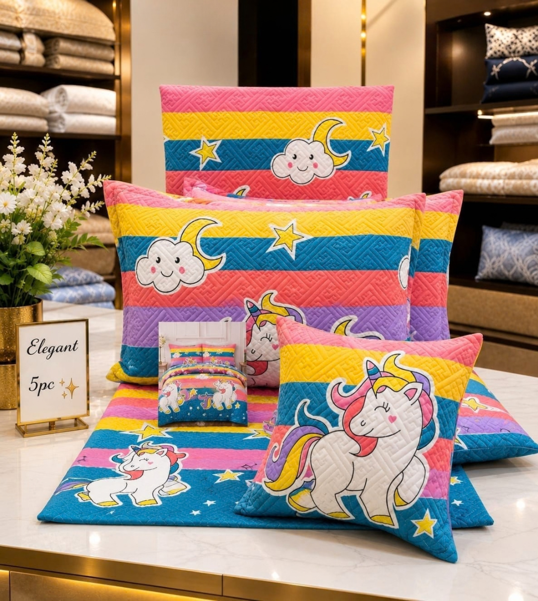 Luxury Unicorn Printed 5-Piece Quilted Glace Cotton Queen Size Bedsheet Set with Cushions