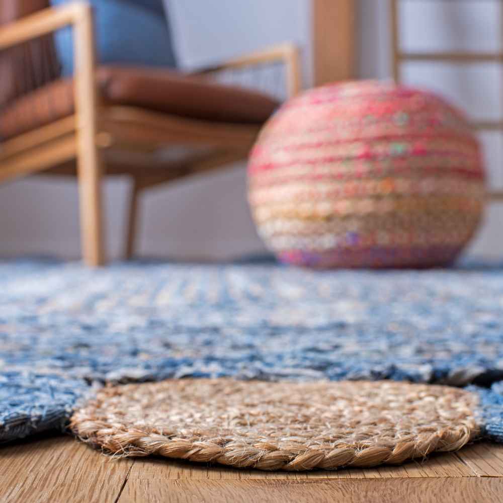 Jeans With Jute Round Tikki Oval Shaped Rug.