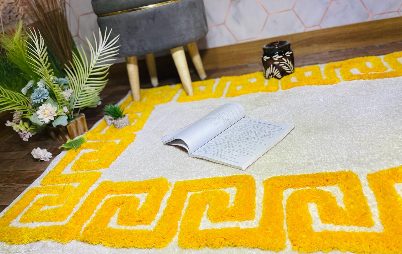 Modern Mustard and Ivory 3D Design Carpet for Living Room | Bedroom