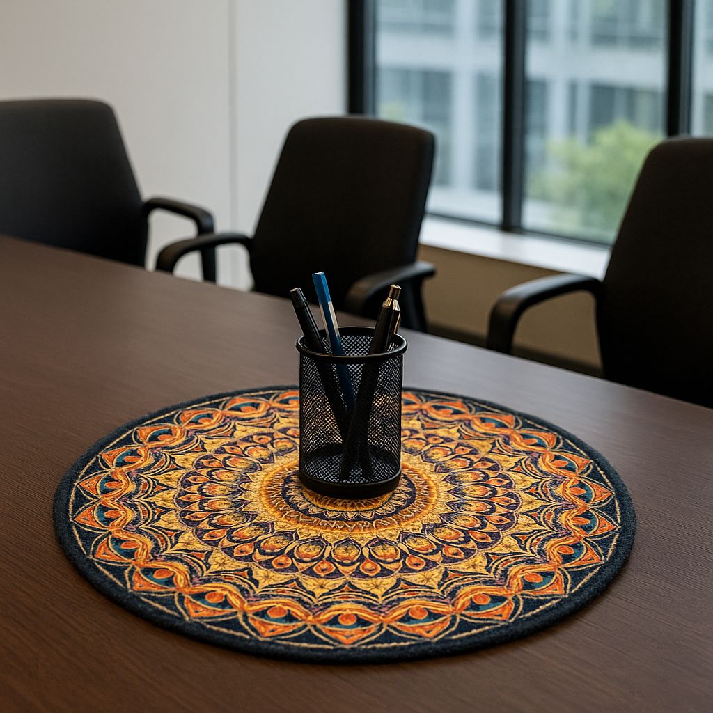 Jute Round Mandala Printed Table Mat | Navy & Orange | Decorative Mat for Dining Table, Coffee Table & Home Décor