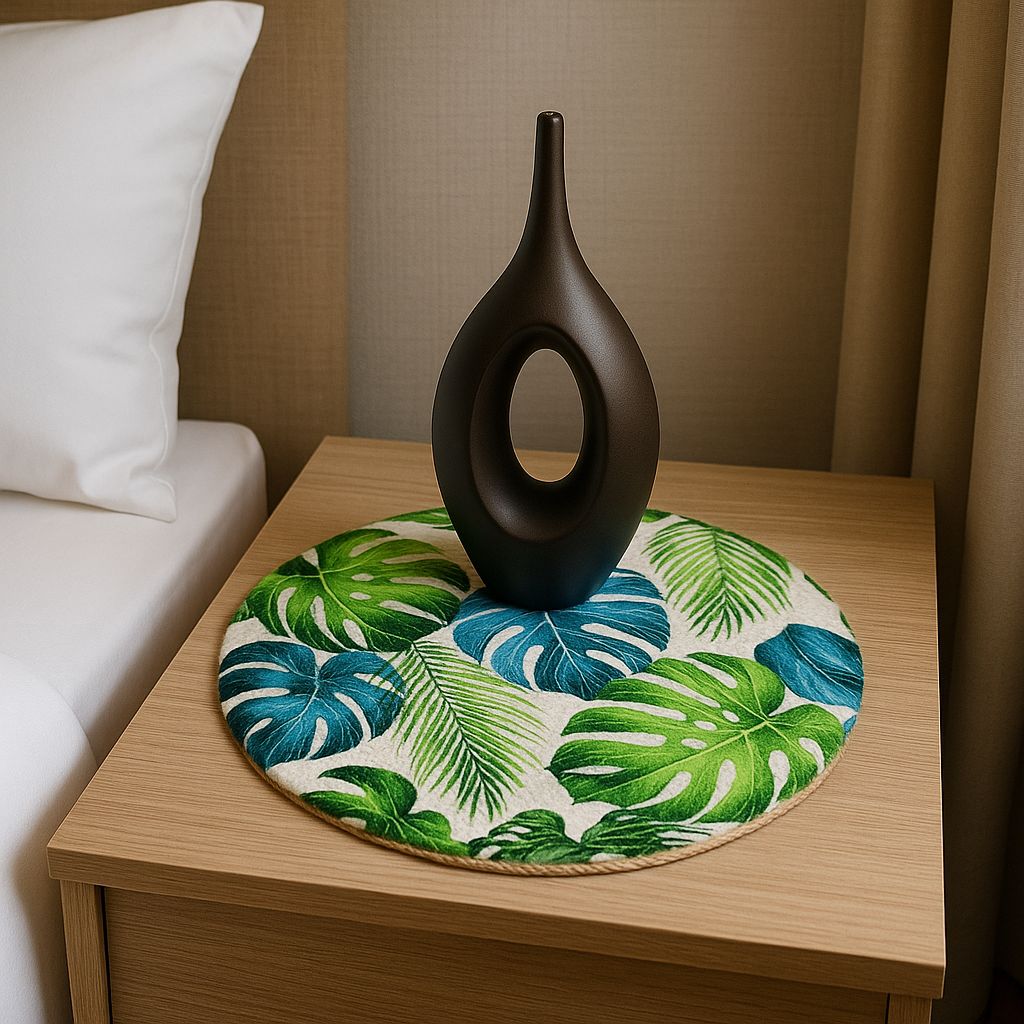 Jute Round Tropical Leaf Printed Mat | Decorative Mat for Coffee Table, Side Table & Home Décor