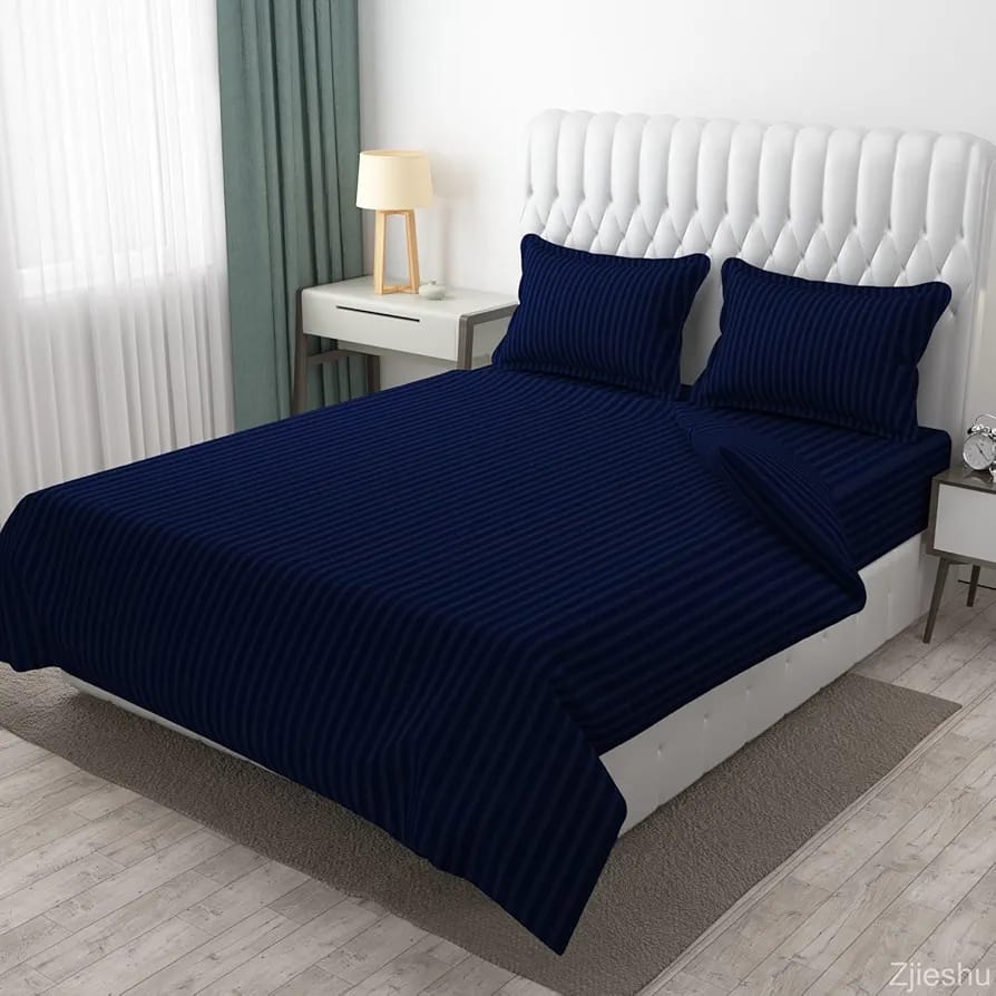 Premium Plain Stripes Cotton Navy blue Bedsheet 🛏️ – Double Bed Size with 2 Pillow Cover