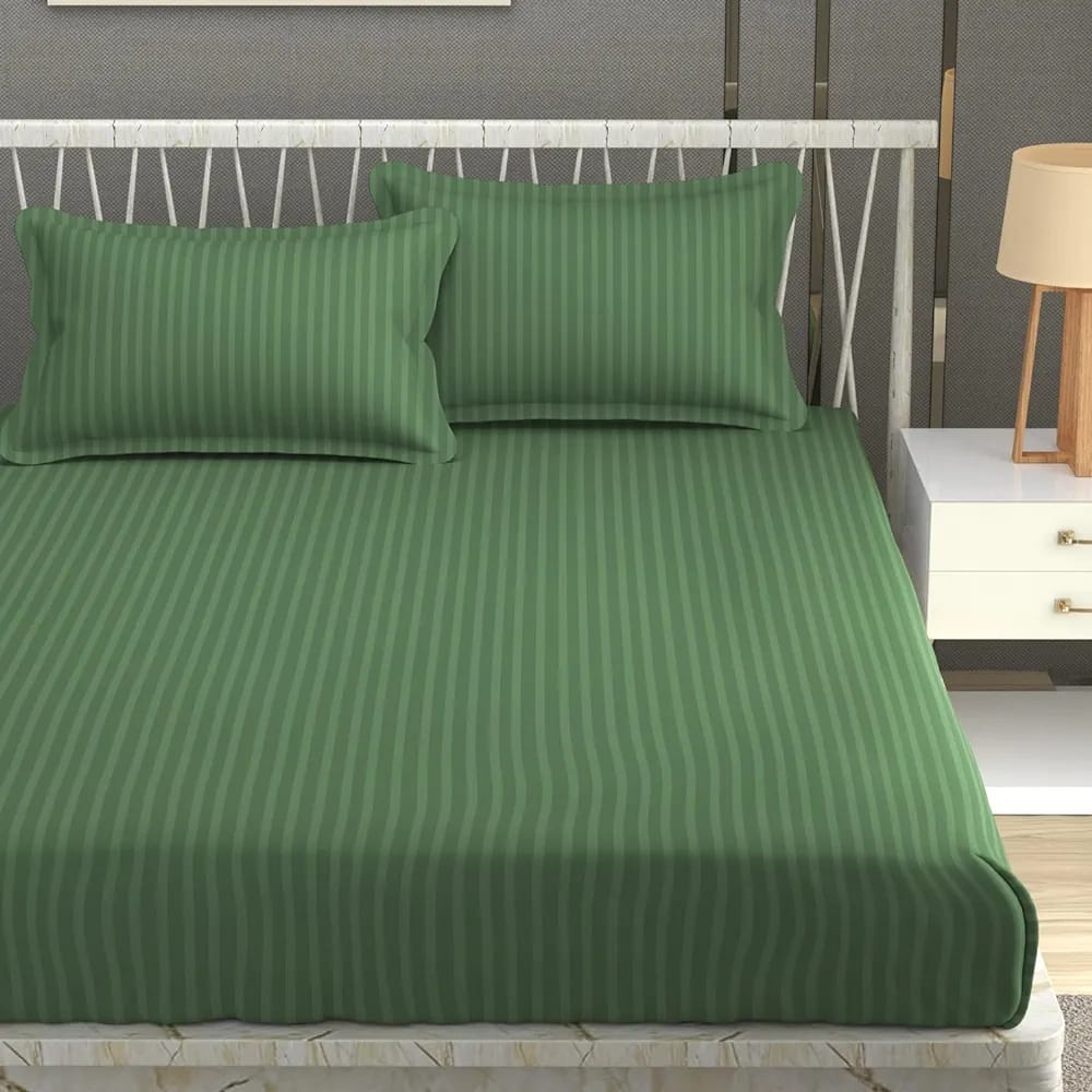 Premium Plain Stripes Cotton Sage Green Bedsheet 🛏️ – Double Bed Size with 2 Pillow Covers