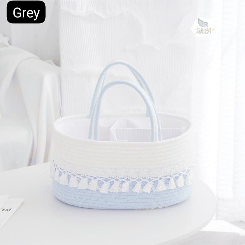 White & Light Blue Jute Hamper Basket – Decorative Gifting & Storage Basket with Tassel Detailing, 11×12 Inch