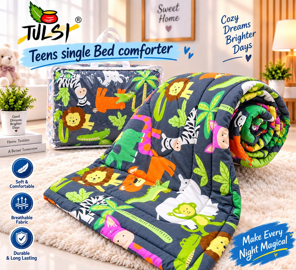 Premium Ultra-Soft Glace Cotton Jungle 🦁🐘 Animal Print Comforter – Single Bed Size 60×100 Inches for Kids