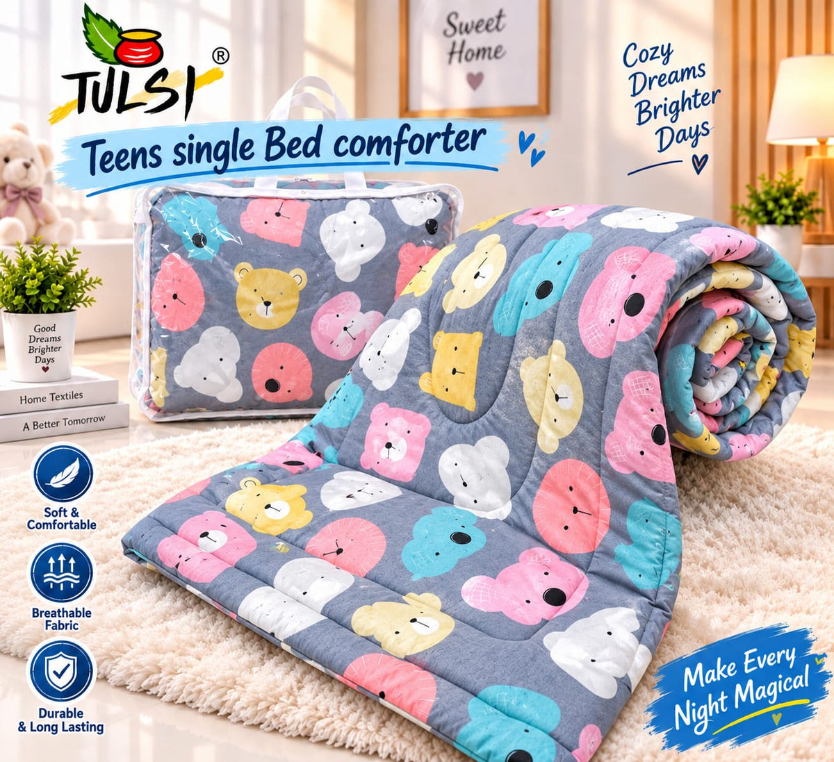 Premium Ultra-Soft Glace Cotton Teddy 🧸 Bear Print Comforter – Single Bed Size 60×100 Inches for Kids