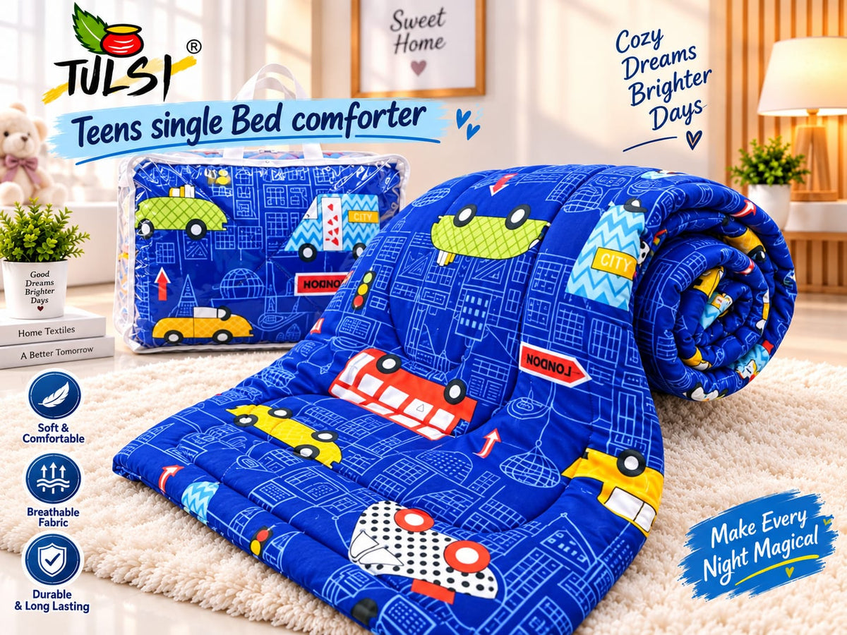 Premium Ultra-Soft Glace Cotton City 🚗 Vehicle Print Comforter – Single Bed Size 60×100 Inches for Kids