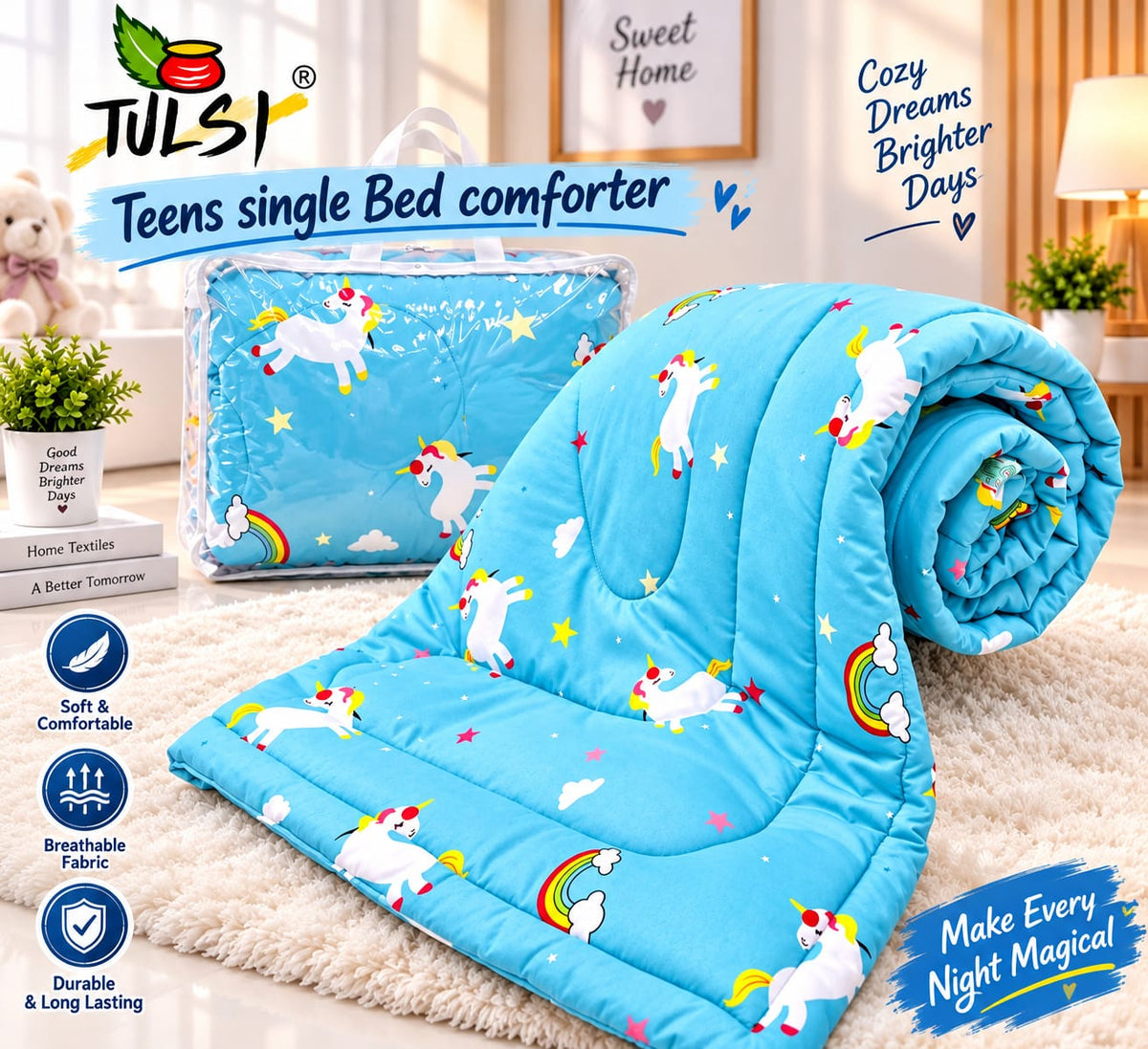 Premium Ultra-Soft Glace Cotton Unicorn 🦄 Rainbow Print Comforter – Single Bed Size 60×100 Inches for Kids