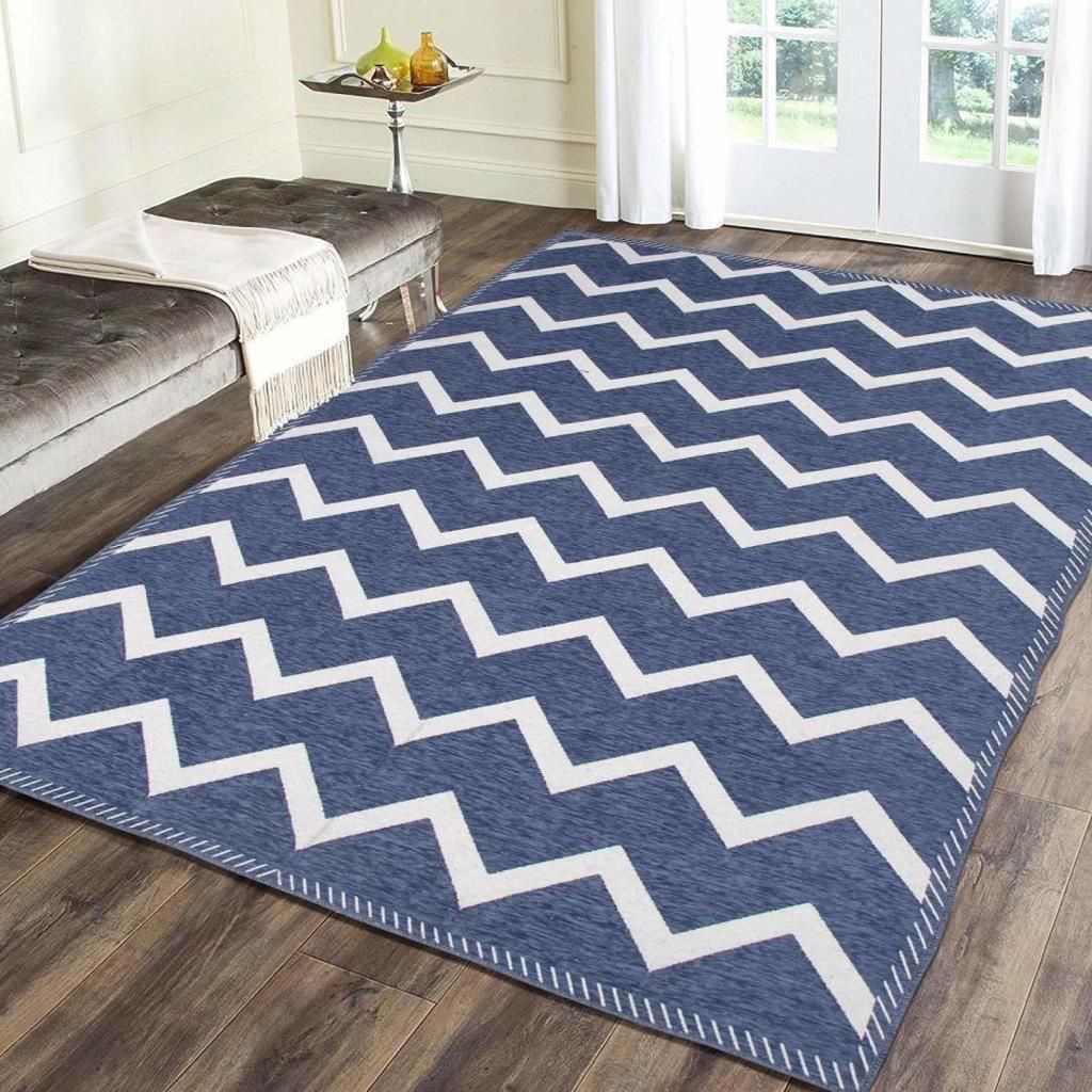 Modern Blue & White Zigzag Pattern Designer Carpet for Living Room & Bedroom