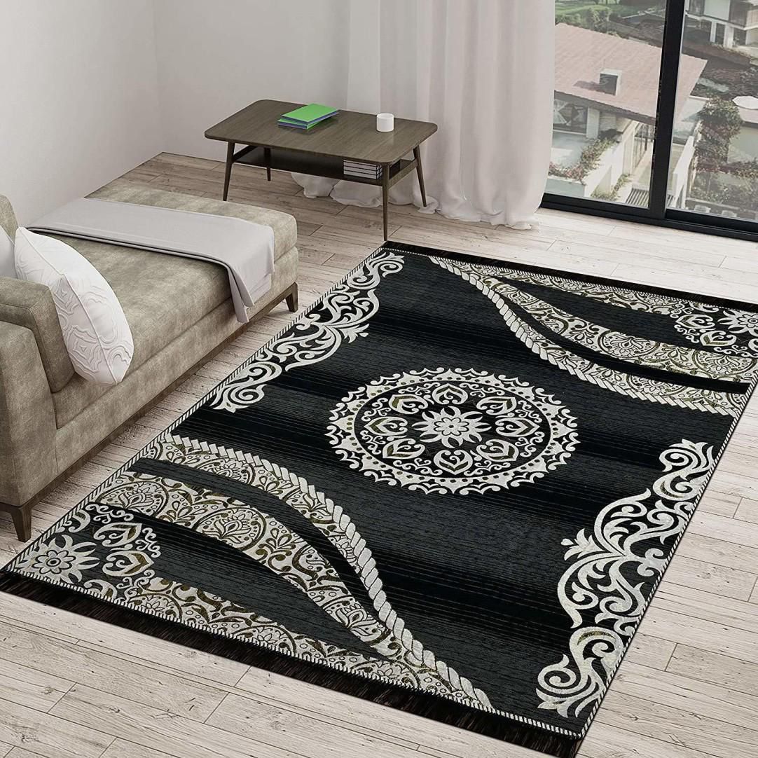 Elegant Black & White Floral Medallion Designer Carpet for Living Room & Bedroom