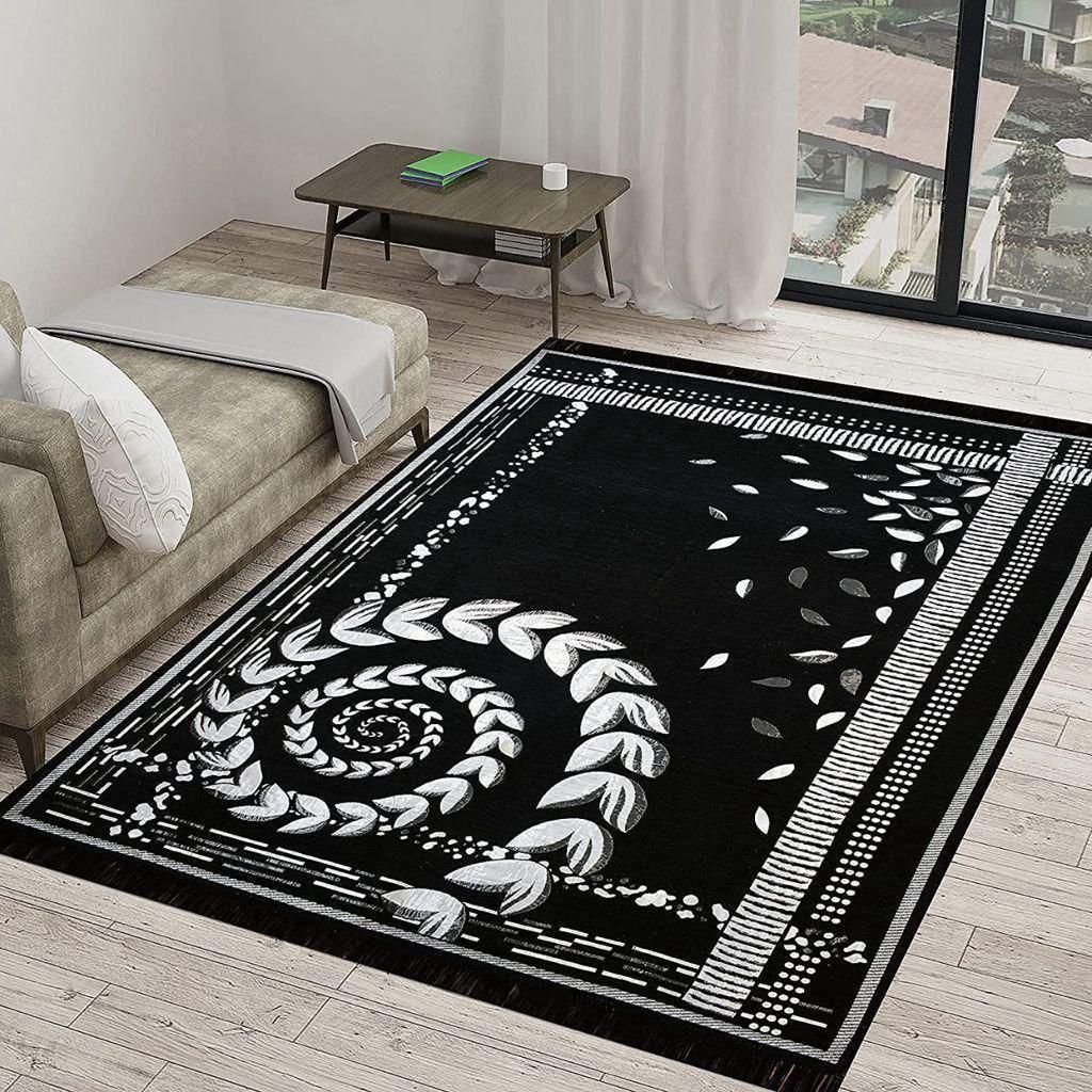 Elegant Black & White Leaf Pattern Designer Carpet for Living Room & Bedroom