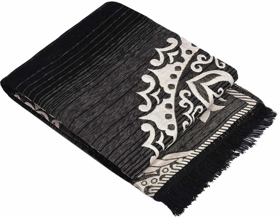 Premium Black & White Geometric Handloom Carpet with Decorative Fringes