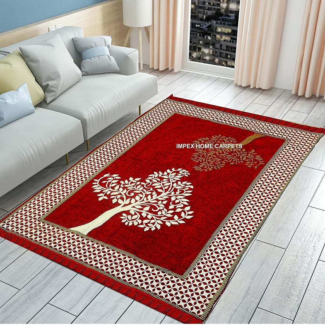 Premium Red Floral Tree Pattern Handloom Carpet with Decorative Border