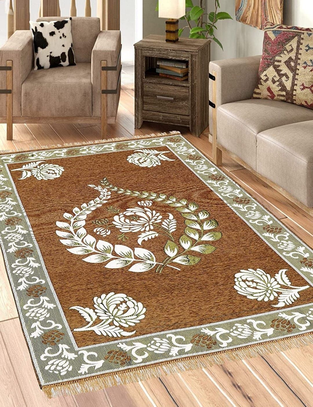 Premium Brown Floral Printed Handloom Carpet with Decorative Border & Fringes
