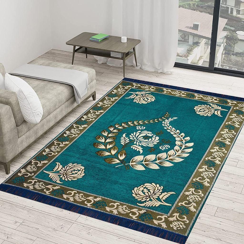 Luxury Teal Floral Rug with Anti-Skid Backing