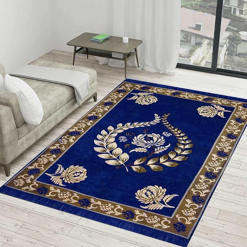 Luxury Royal Blue Floral Rug with Anti-Skid Backing