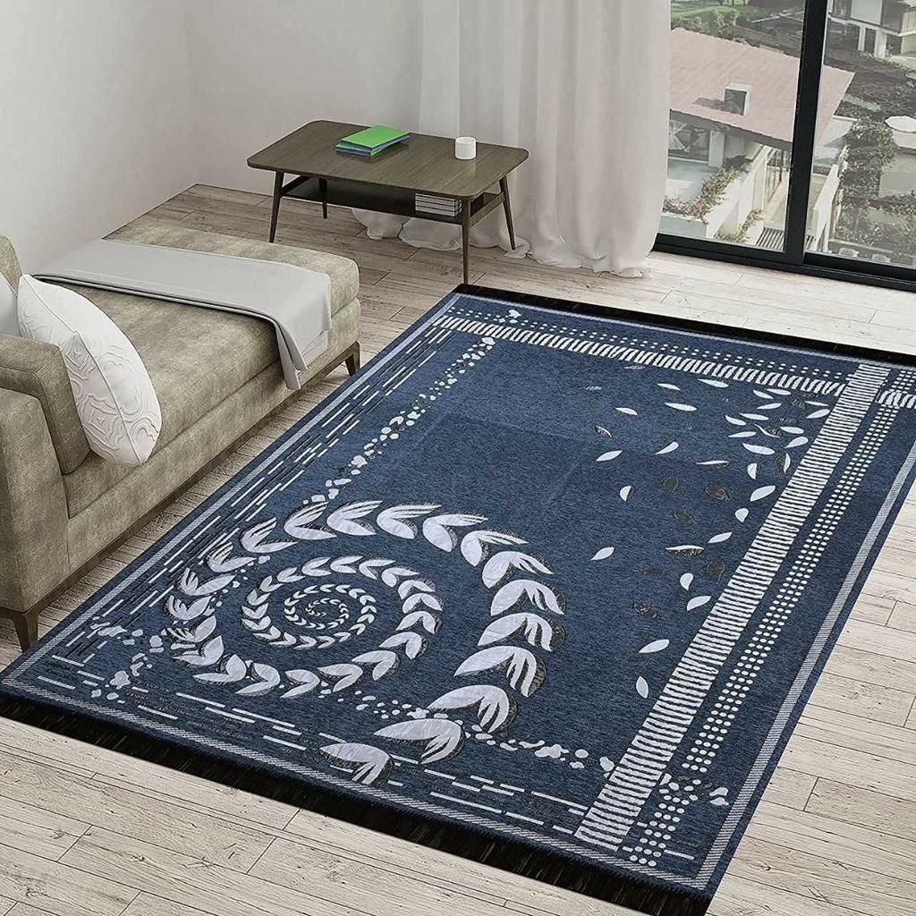 Premium Navy Blue & White Floral Printed Floor Carpet – Elegant Decorative Home Rug