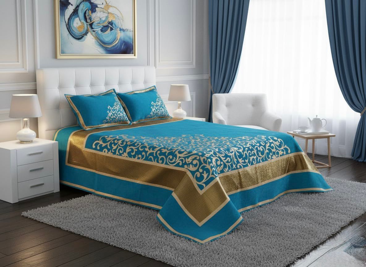 Luxury Chenille King Bedcover with Elegant Gold Motif Design