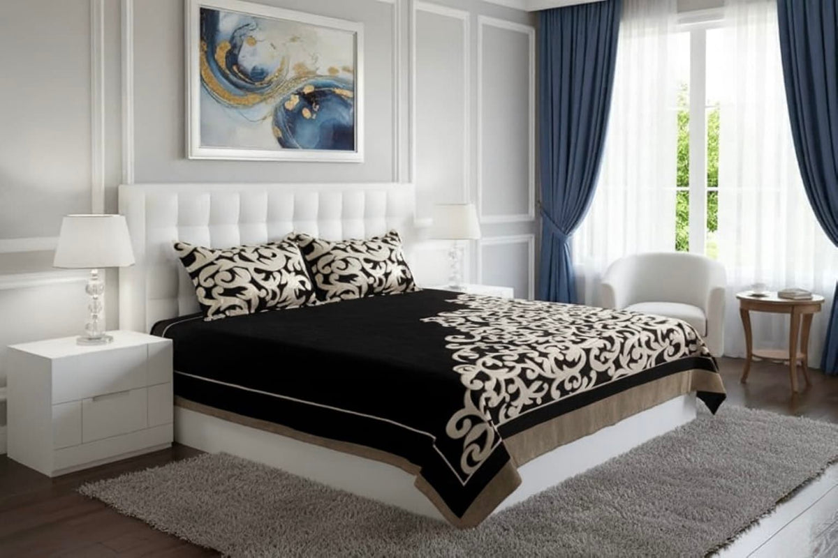 Luxury Black Chenille King Size Bedcover with Elegant Floral Border