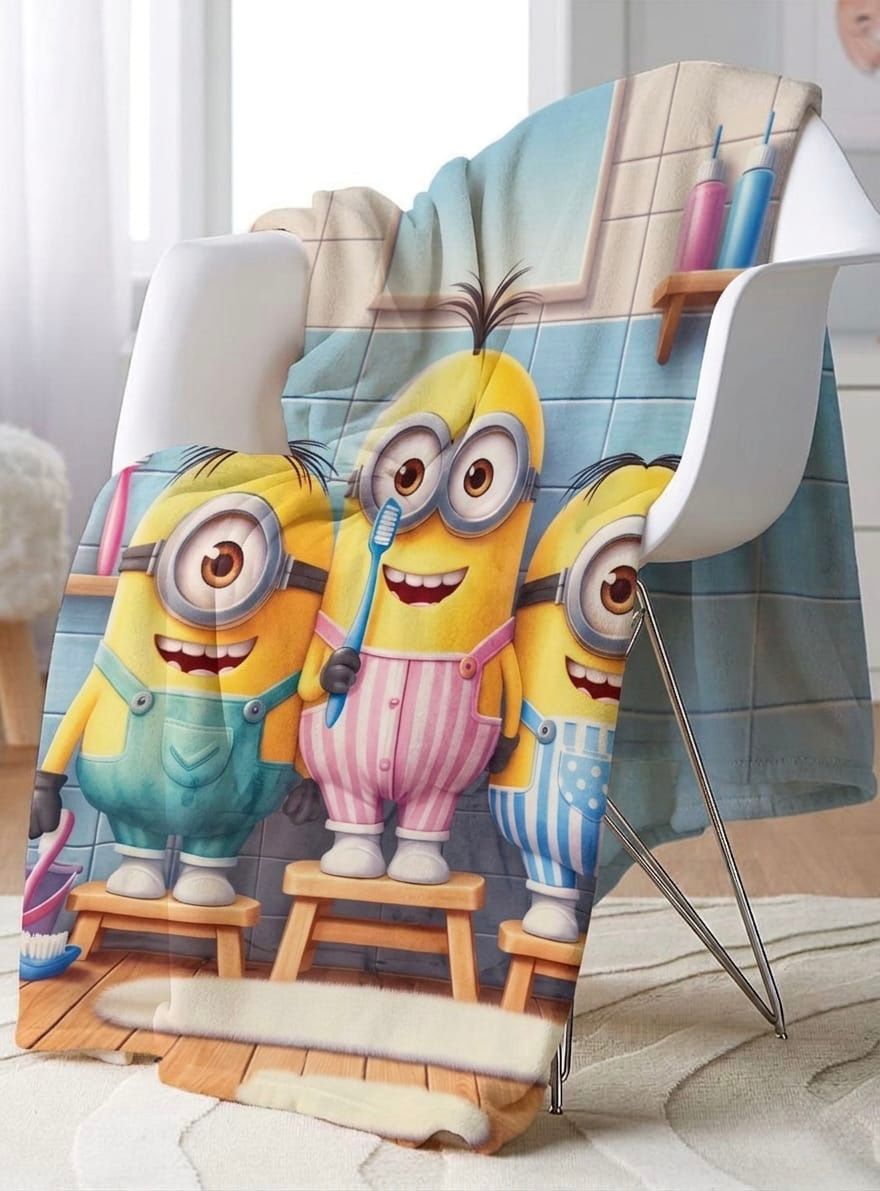 7D AC Single Bed Blanket with Border | Blue Minions Printed Super Soft Velvet Blanket for Kids & Bedroom