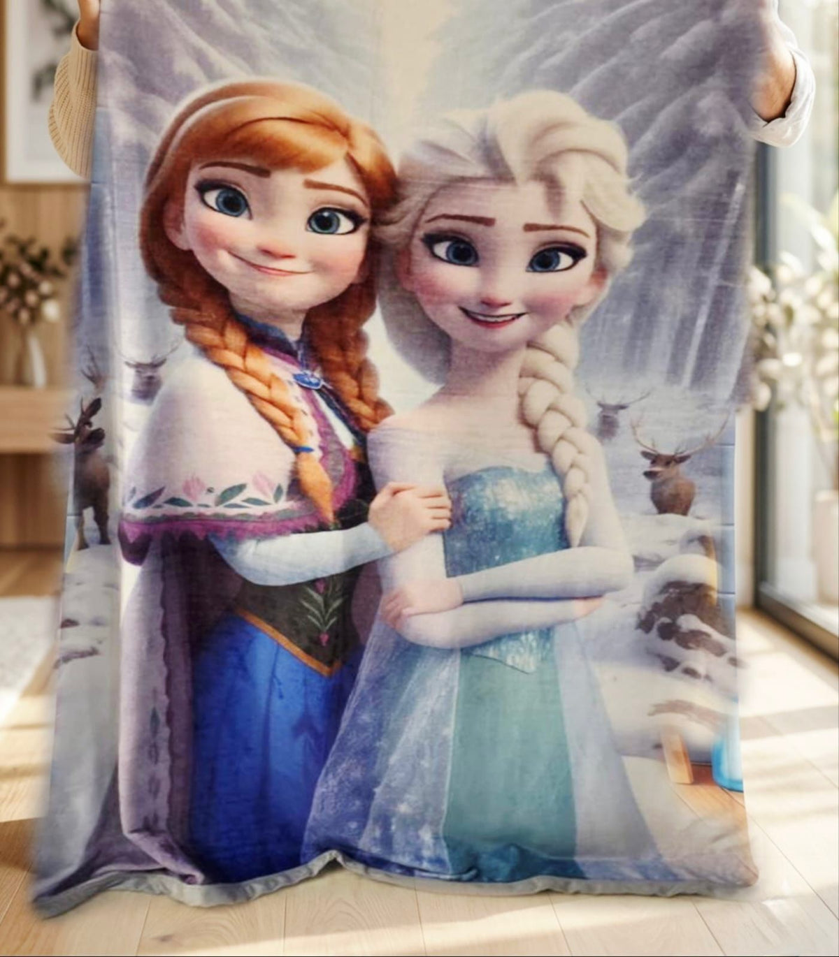 7D AC Single Bed Blanket with Border | Purple & Blue Frozen-Inspired Princess Printed Super Soft Velvet Blanket