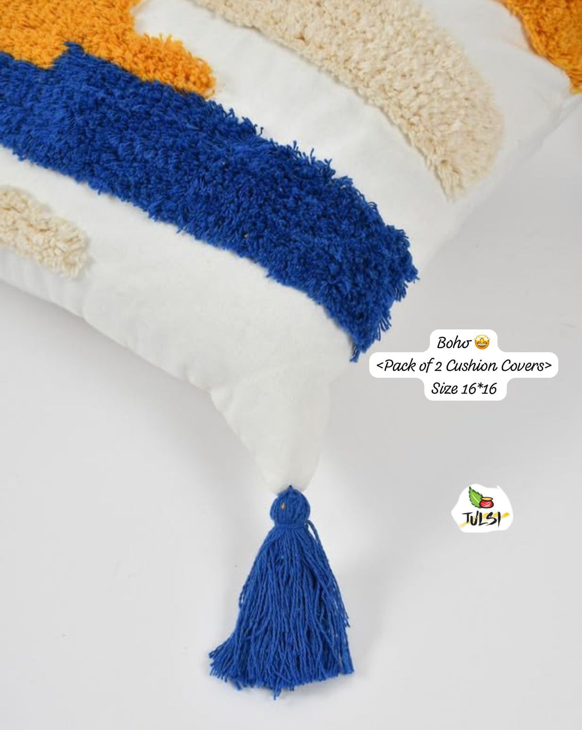 Boho Striped Cushion Cover with Tassels | Blue, Mustard & Beige Textured Decorative Pillow Cover for Sofa & Living Room