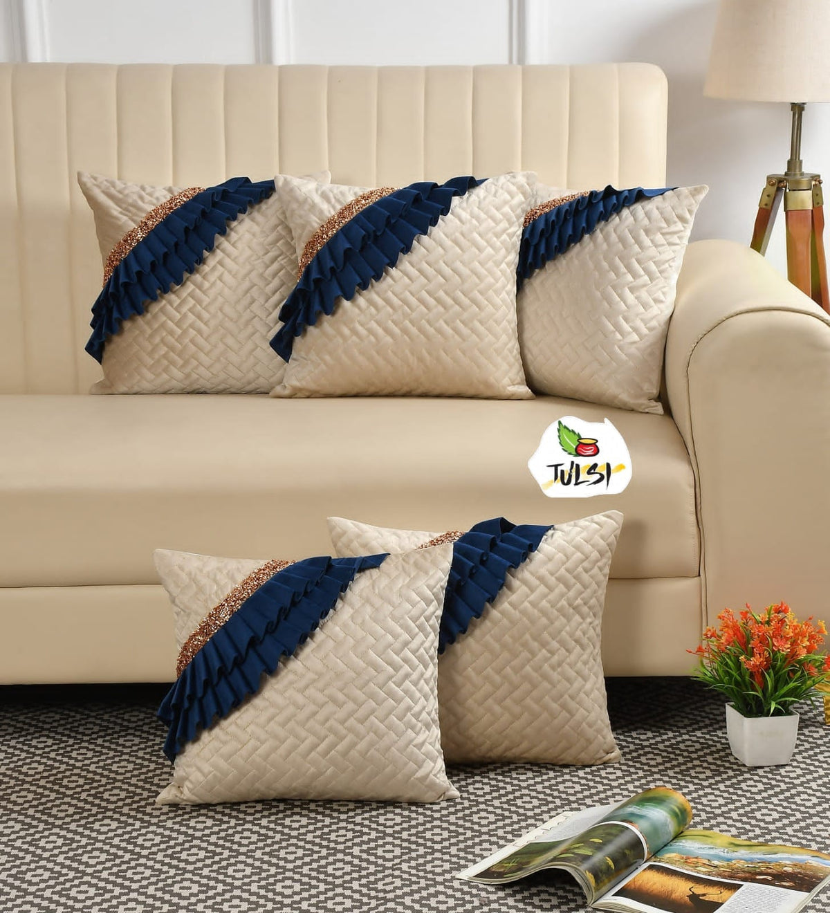 Luxury Quilted Cushion Cover with Ruffle Detailing | Cream & Navy Blue Embellished Gold Sequin Decorative Pillow Cover for Sofa & Living Room