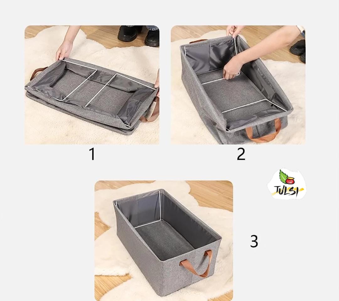 Grey Foldable Fabric Storage Box – Multipurpose Clothes & Miscellaneous Items Organizer with Handles, Wire Frame & Space-Saving Design