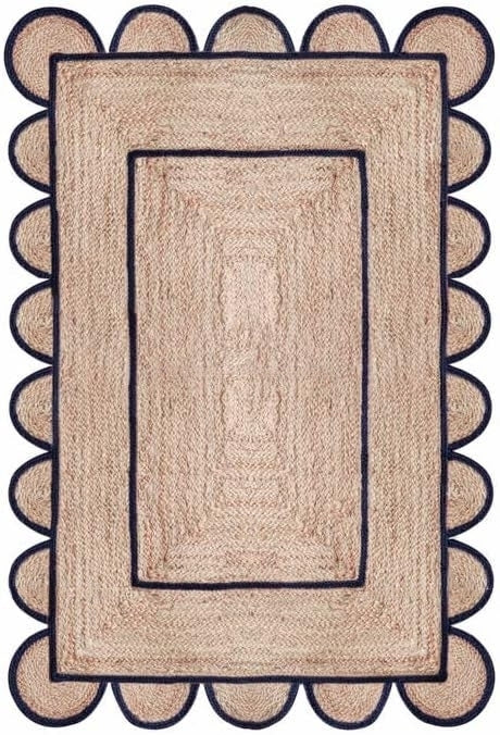Natural Jute With Black Dye Scalloped Design Handmade Braided Farmhouse Rectangle Jute Area Rug.