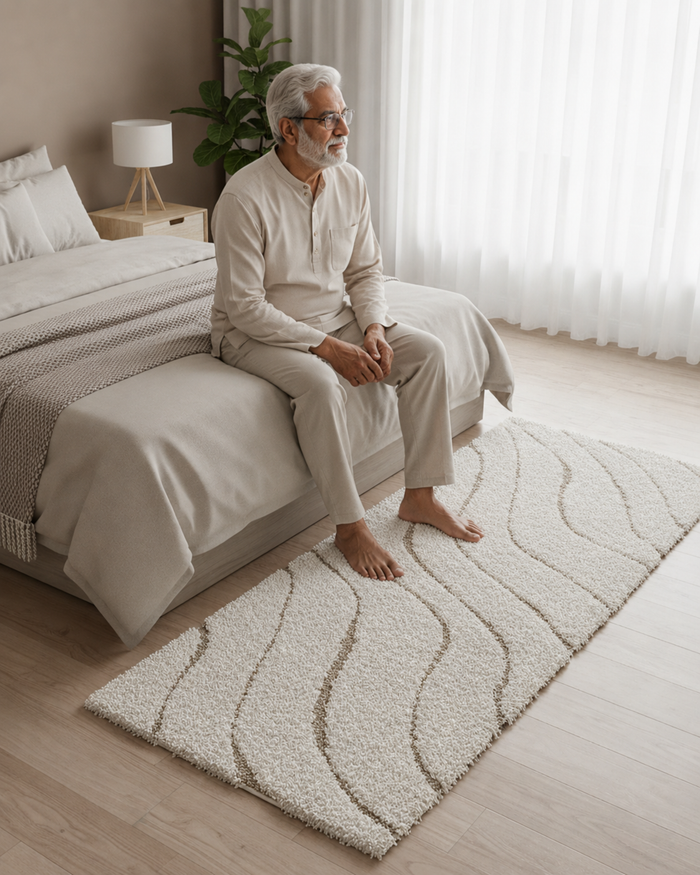 KashyapaRugs ivory and beige abstract striped shaggy runner rug with flowing wave pattern – soft dense pile, anti-skid backing, plush comfort for modern bedrooms
