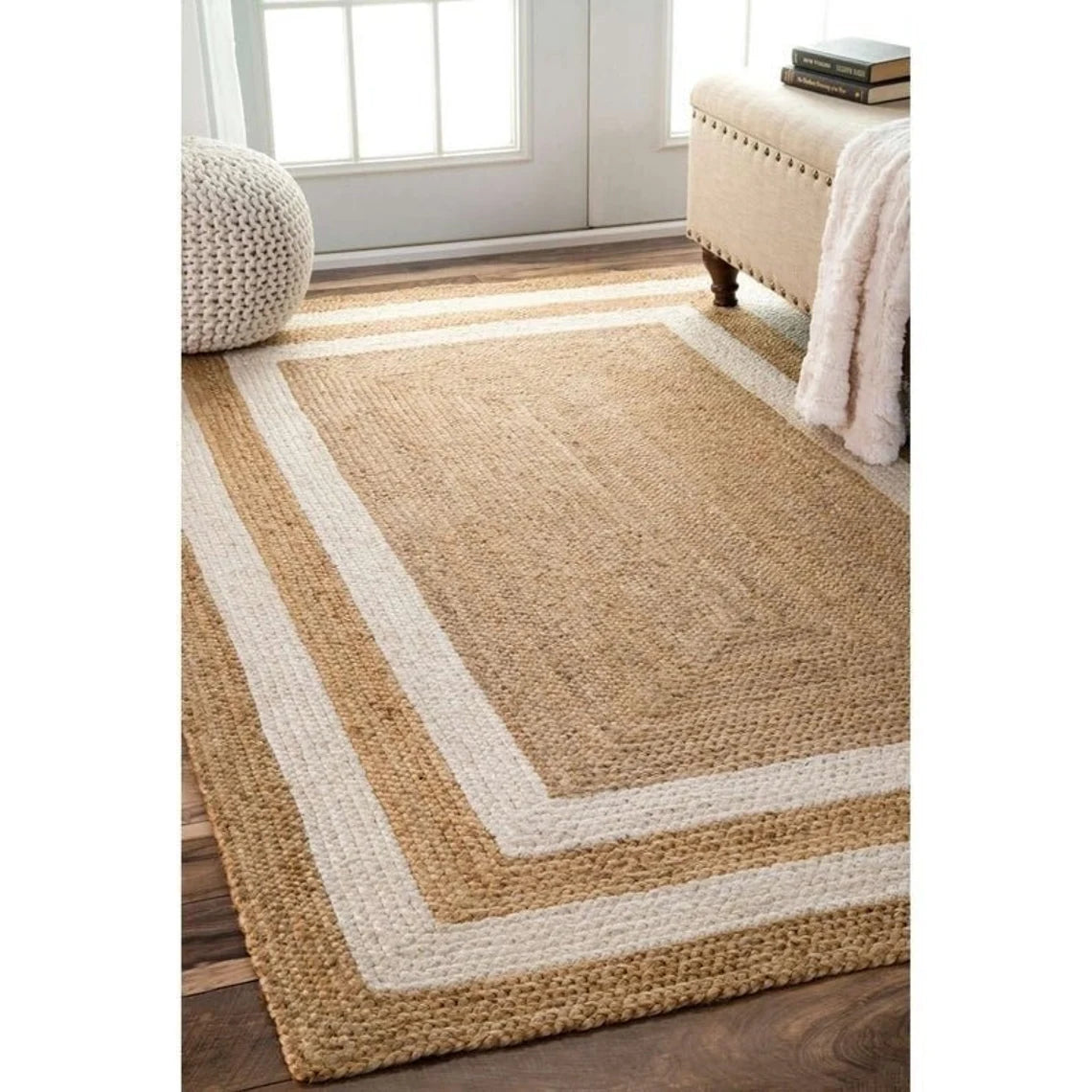 Natural Jute and White Double Border Area Rug