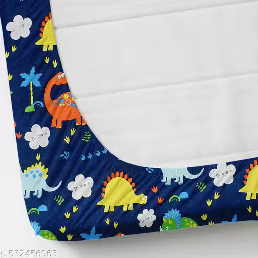 Kashyapa Rugs- Premium Glace Cotton Multi 🌈Cartoons🦕🦖Fitted Bedsheet – Doubel Bed Size with 2 Pillow Covers