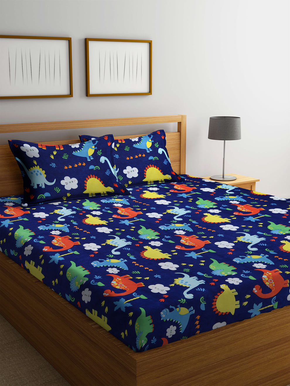 Kashyapa Rugs- Premium Glace Cotton Multi 🌈Cartoons🦕🦖Fitted Bedsheet – Doubel Bed Size with 2 Pillow Covers