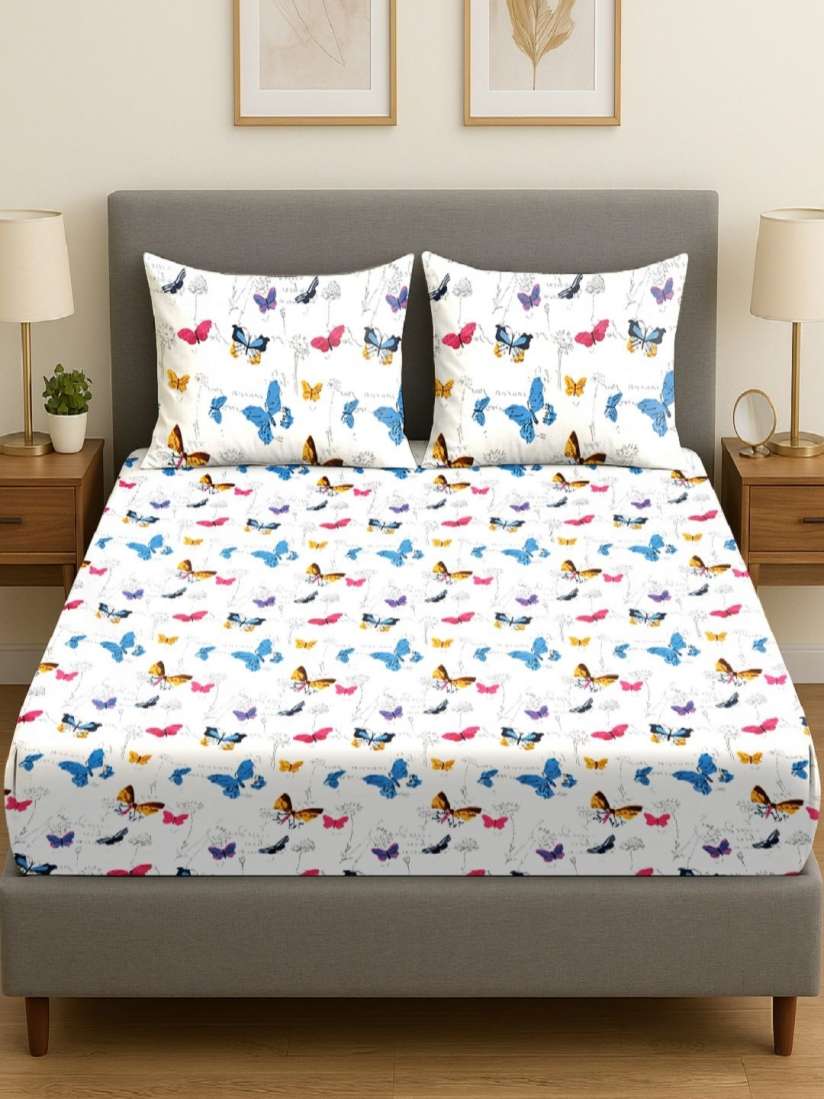Kashyapa Rugs- Premium Glace Cotton π¦ Butterfly Design π Fitted Bedsheet β Double Bed Size with 2 Pillow Covers