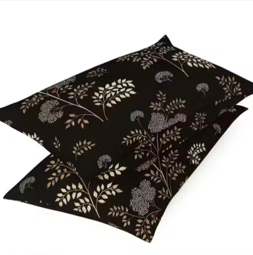 Kashyapa Rugs - Premium Glace Cotton Dark Brown leaf Trees🌲 Fitted Bedsheet – Double Bed Size with 2 Pillow Covers