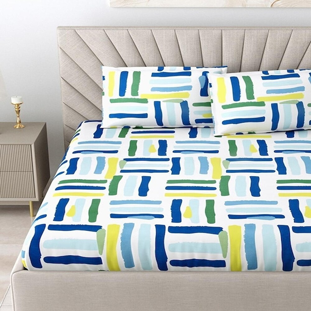 Kashyapa Rugs Premium Cotton Multi Colours Sticks Fitted Bedsheet β Double Bed Size with 2 Pillow Covers