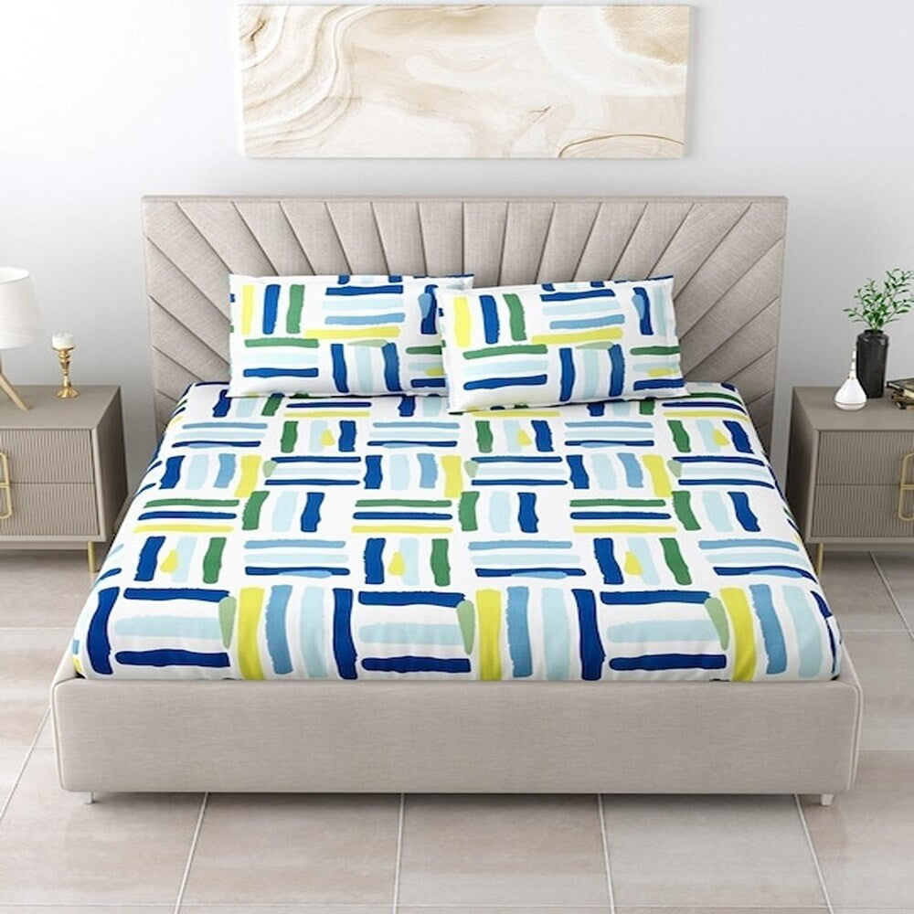 Kashyapa Rugs Premium Cotton Multi Colours Sticks Fitted Bedsheet β Double Bed Size with 2 Pillow Covers