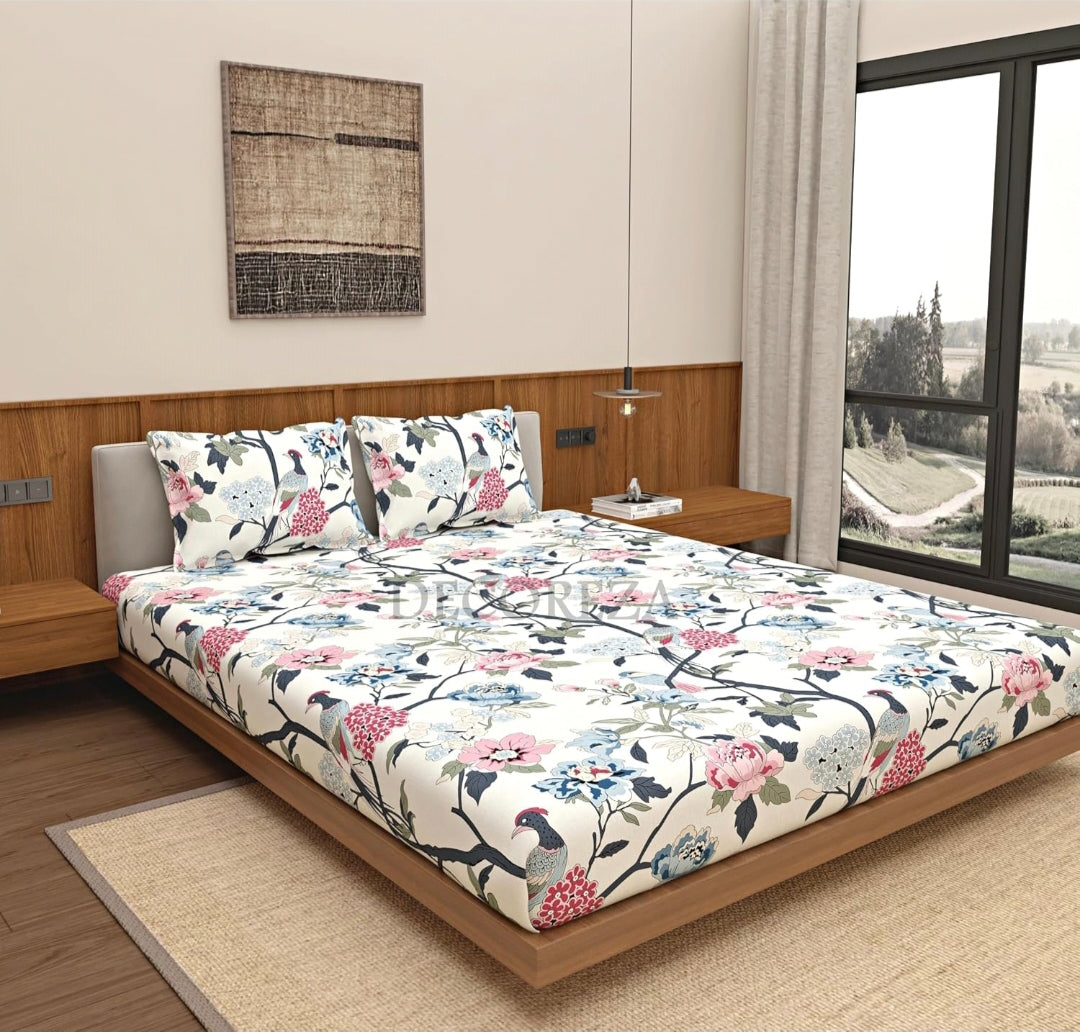 Kashyapa Rugs Premium Cotton 🌴 Tree Birds🦃 Fitted Bedsheet – Double Bed Size with 2 Pillow Covers