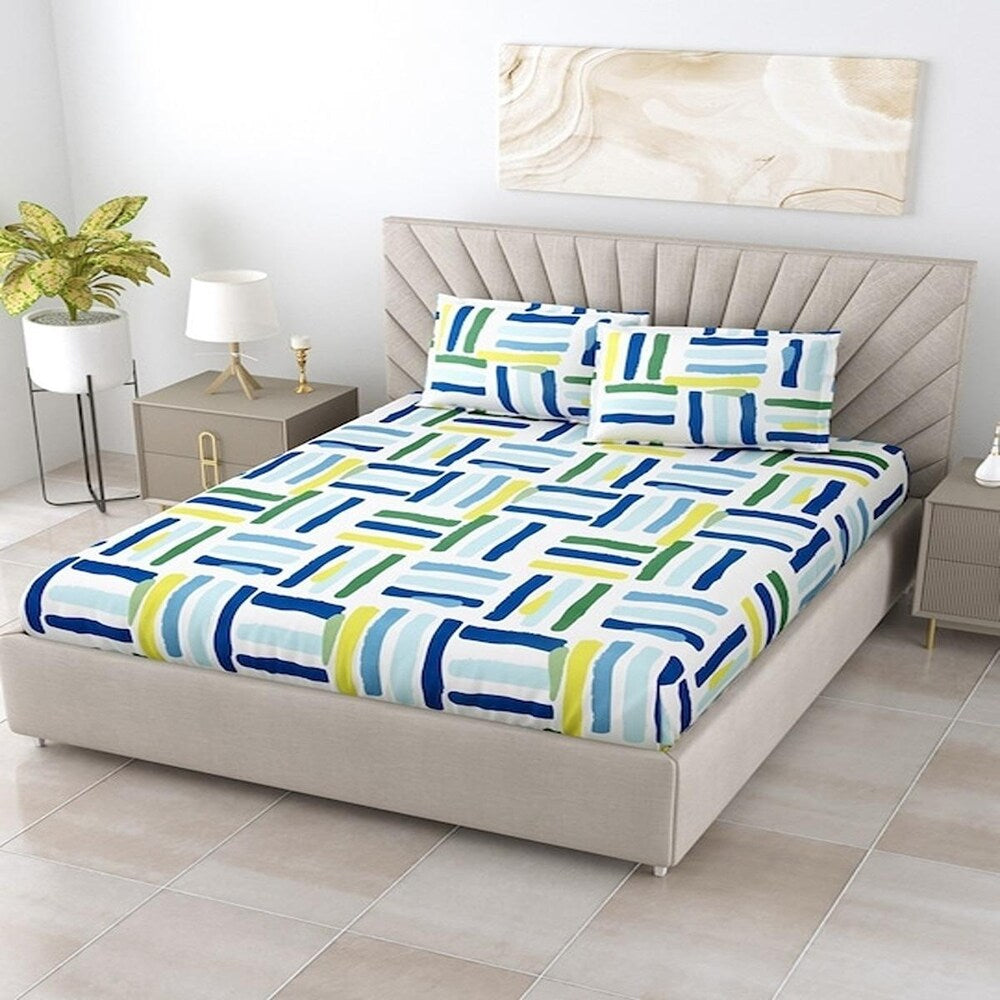 Kashyapa Rugs Premium Cotton Multi Colours Sticks Fitted Bedsheet β Double Bed Size with 2 Pillow Covers