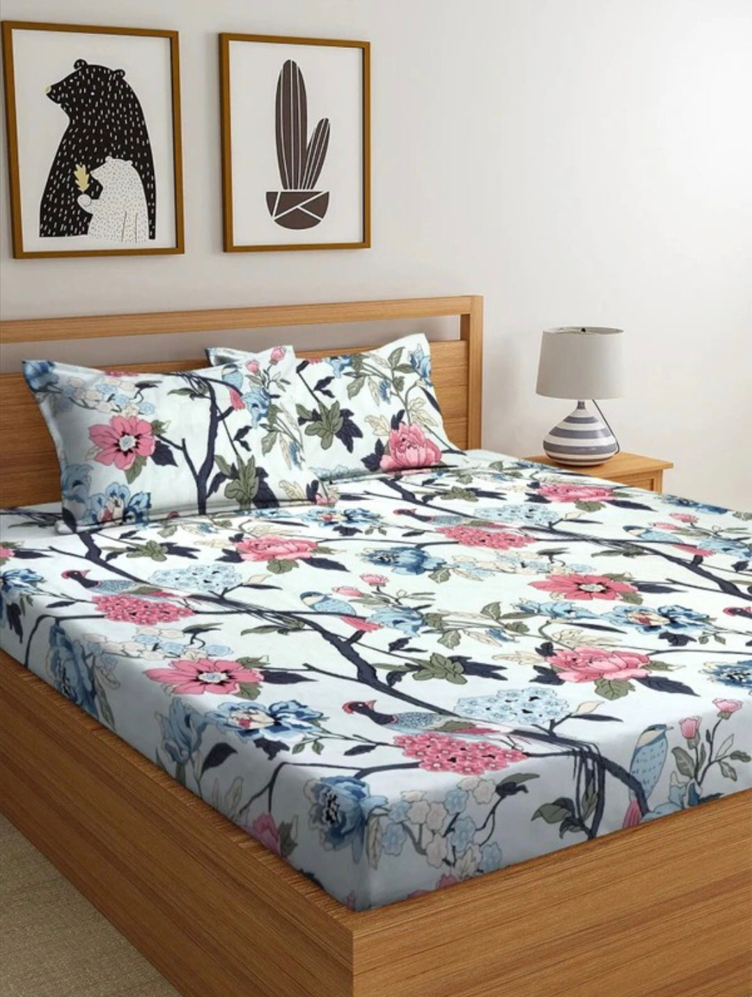Kashyapa Rugs Premium Cotton 🌴 Tree Birds🦃 Fitted Bedsheet – Double Bed Size with 2 Pillow Covers