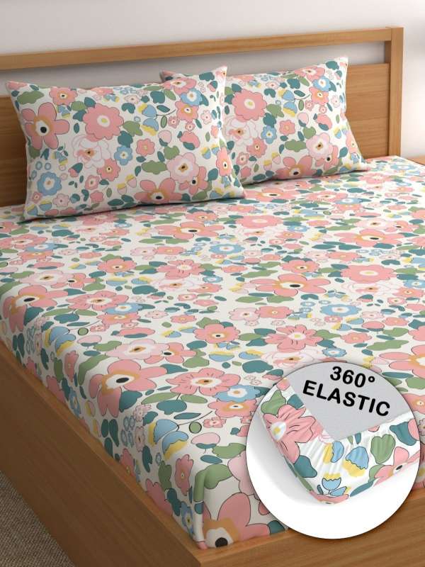 Kashyapa Rugs Premium Cotton Pink Flower Fitted Bedsheet β Double Bed Size with 2 Pillow Covers