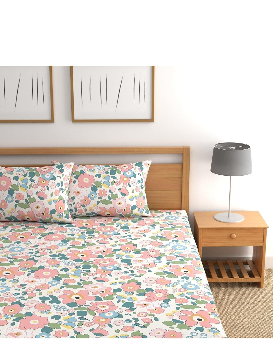Kashyapa Rugs Premium Cotton Pink Flower Fitted Bedsheet β Double Bed Size with 2 Pillow Covers