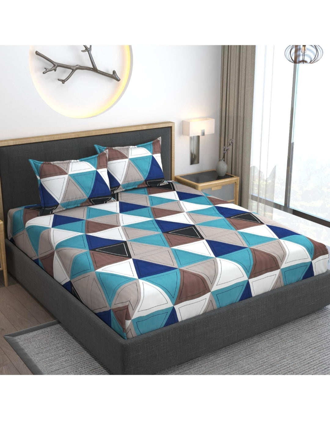 Kashyapa Rugs - π Multi Colours Triangle π Cotton Fitted Bedsheet Double Bed Size ( 1 Bedsheet + 2 Pillow Covers )
