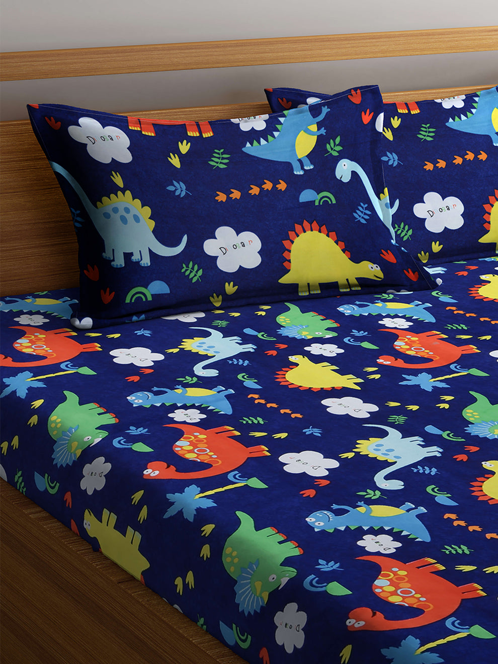 Kashyapa Rugs- Premium Glace Cotton Multi 🌈Cartoons🦕🦖Fitted Bedsheet – Doubel Bed Size with 2 Pillow Covers