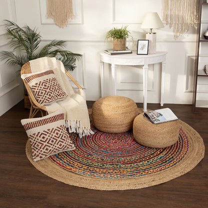 Multicolor Braided Pouf – Chindi & Jute Design for Bedroom & Living Spaces