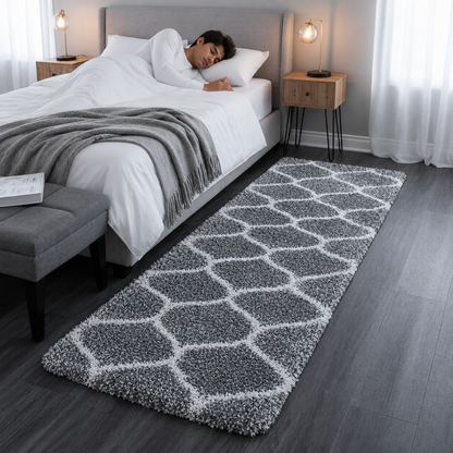Premium Grey and Ivory Moroccan Style  Extra Soft Microfiber Bedside Runner -  Soft Feel, Anti-Skid Rubber Backing
