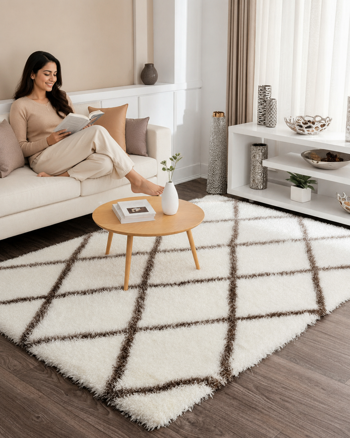 KashyapaRugs creamy white geometric grid shaggy rug – abstract Moroccan-inspired pattern in cream and brown tones, soft premium microfiber texture, anti-skid rubber backing